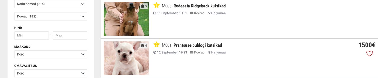 Tähega kuulutused kuulutuste nimekirja alguses